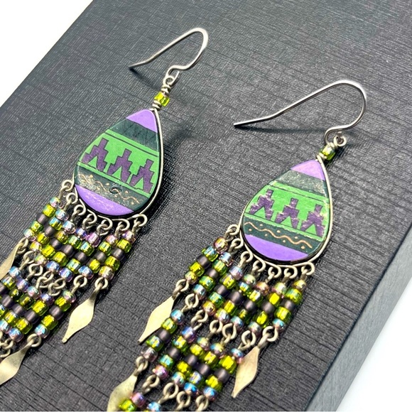 Artisan Native Dangle Fringe Earrings Silver Purple 3.5" - Picture 3 of 5